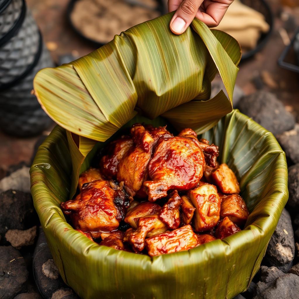 Barbacoa being unwrapped from maguey leaves